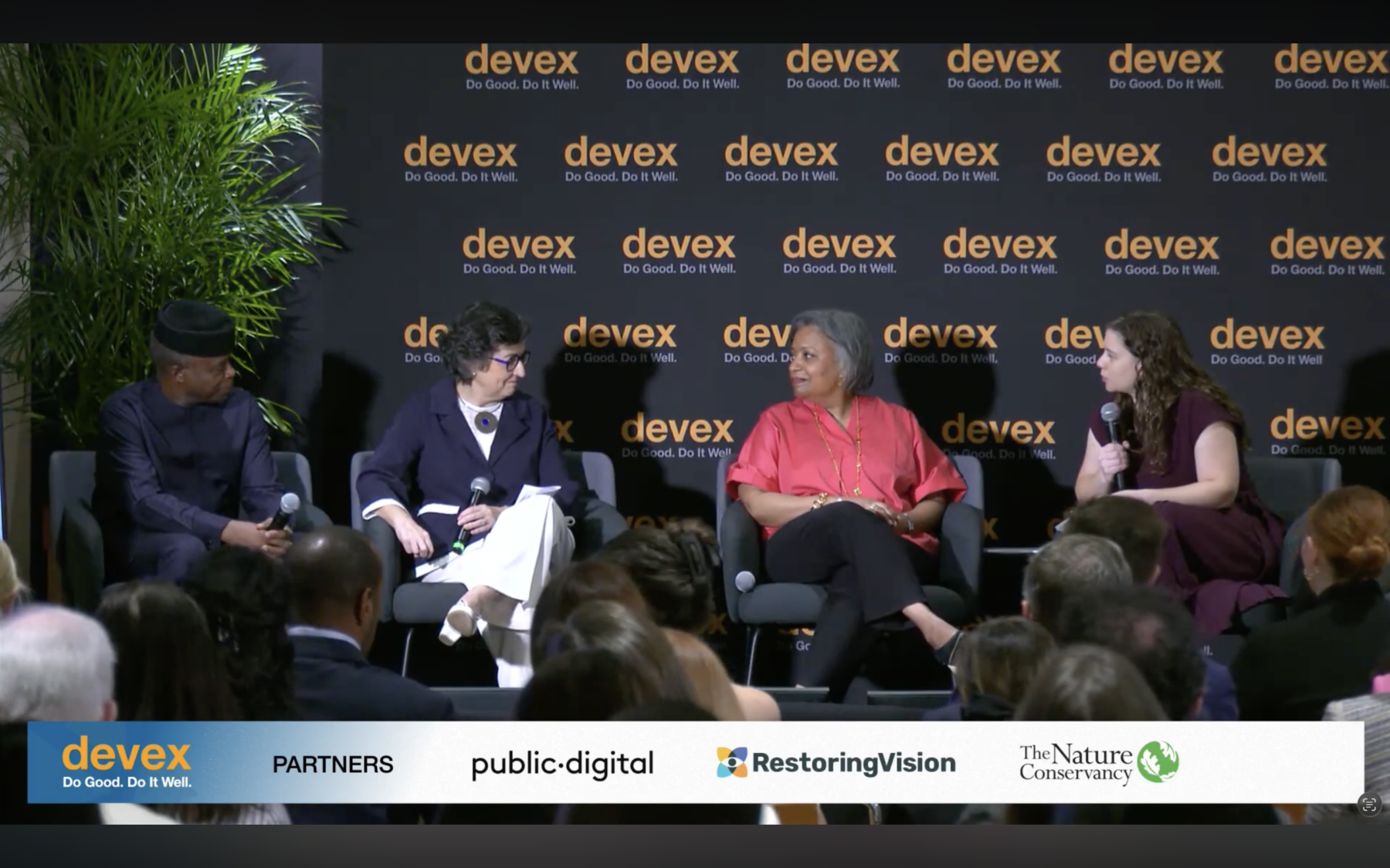 Yemi Osinbajo (left), Arancha González Laya (middle), and Alexia Latortue (right) on a devex panel
