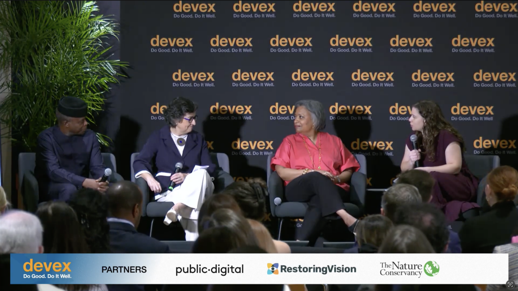 Yemi Osinbajo (left), Arancha González Laya (middle), and Alexia Latortue (right) on a devex panel