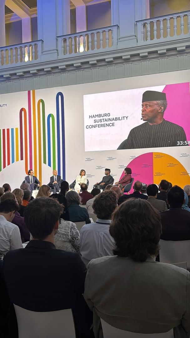 Former Vice President Yemi Osinbajo with Olaf Scholz and Laura Chinchilla during meetings at the Hamburg Sustainability Conference on global development cooperation.