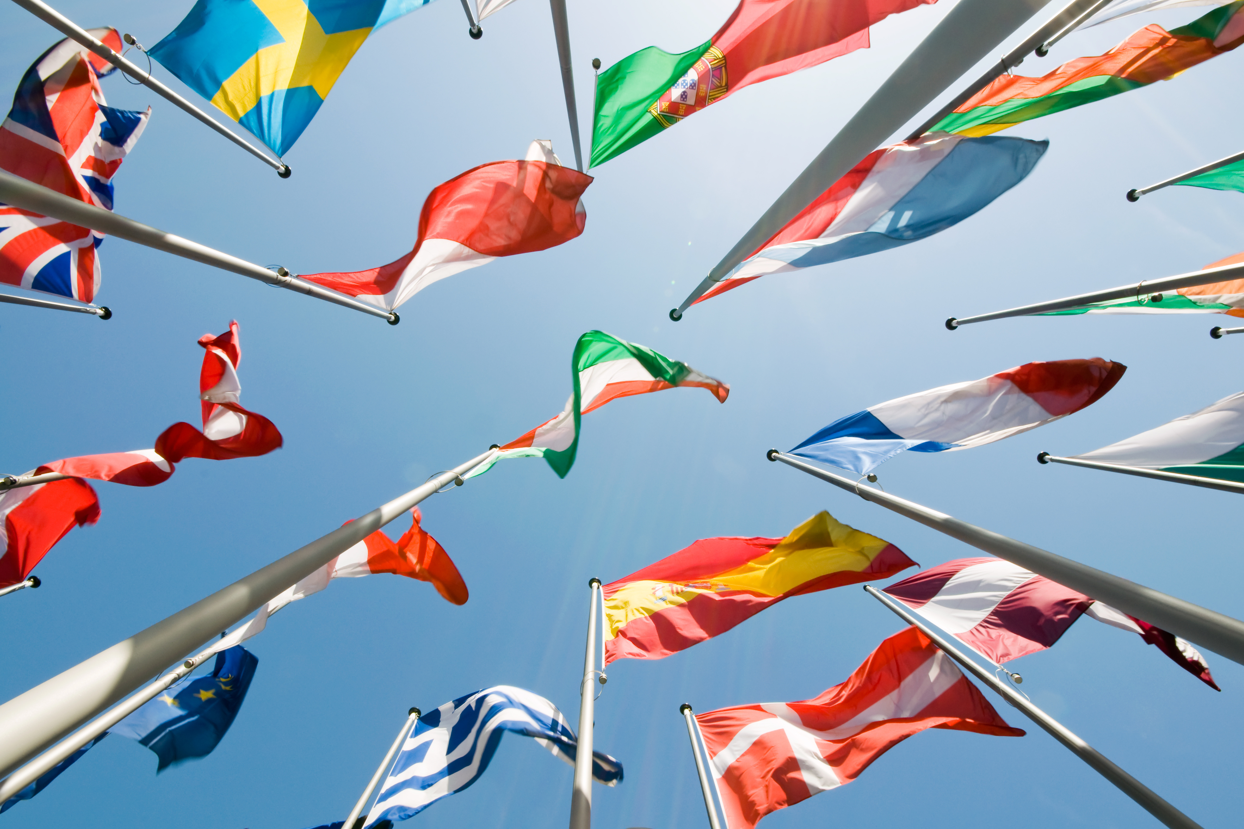 Image of country flags from the ground perspective.